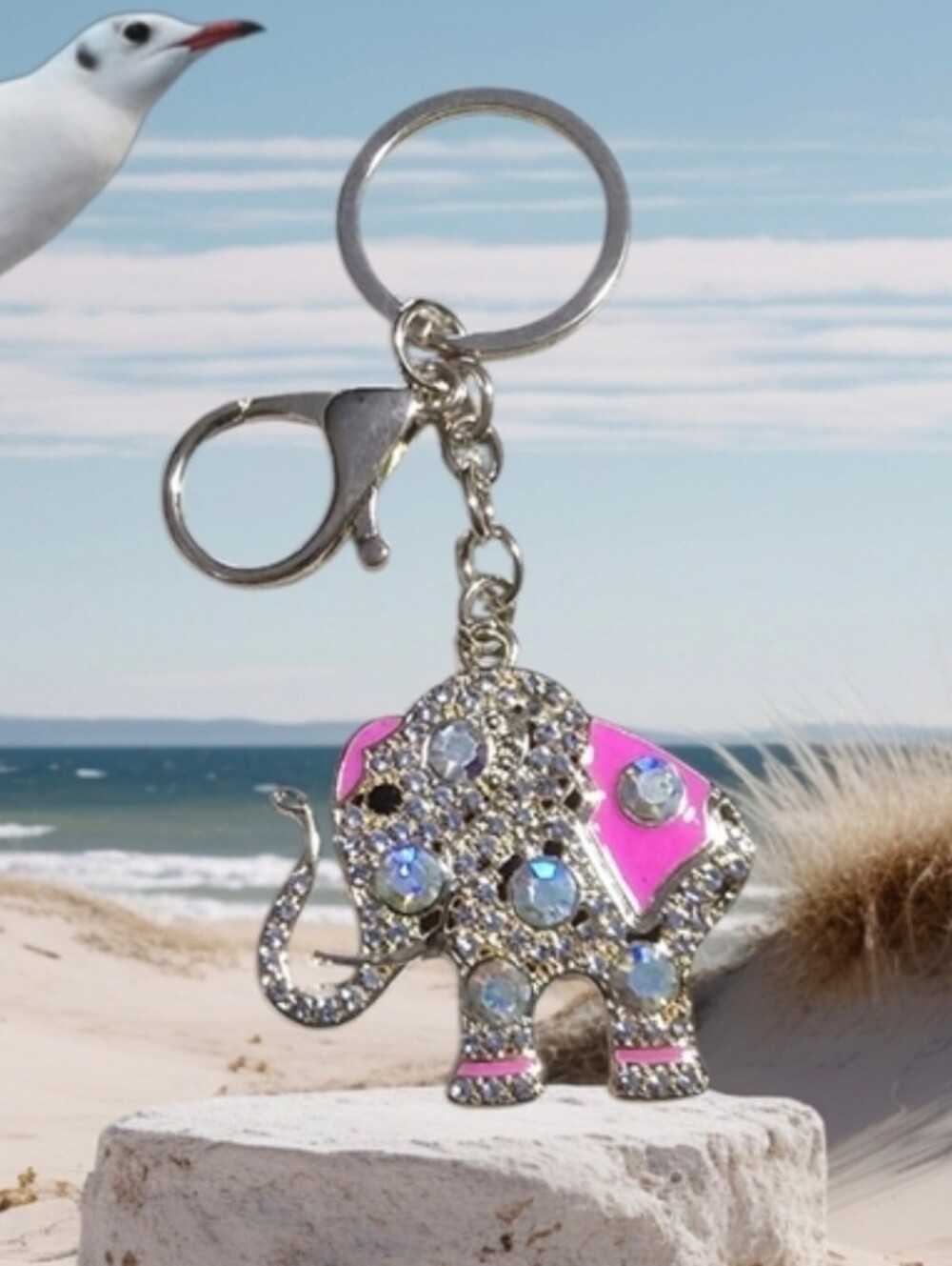 Rhinestone Pink Elephant Keychain Card Holder Charm